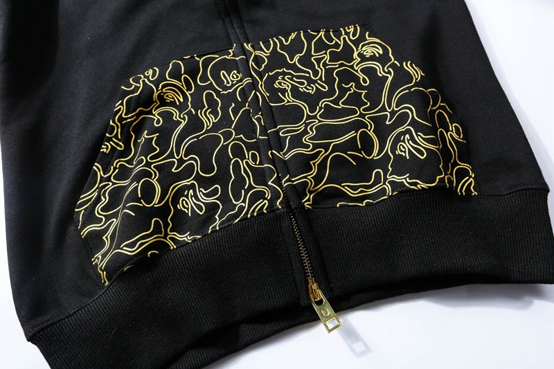 A Bathing Ape BAPE Black Gold Embroidered Shark Head Pocket Printed Hoodie Jacket