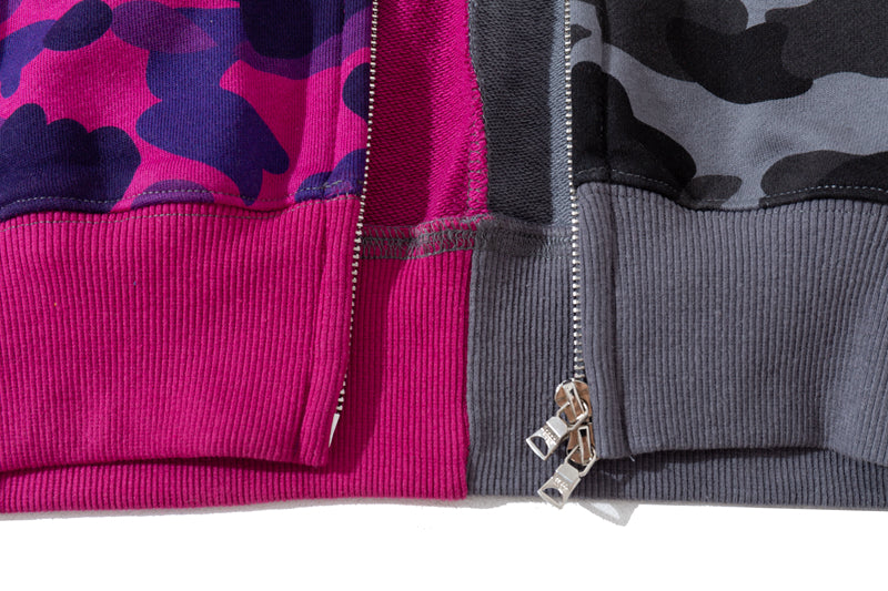 A Bathing Ape BAPE Tiger Head Patchwork Camouflage Hoodie Purple And Gray