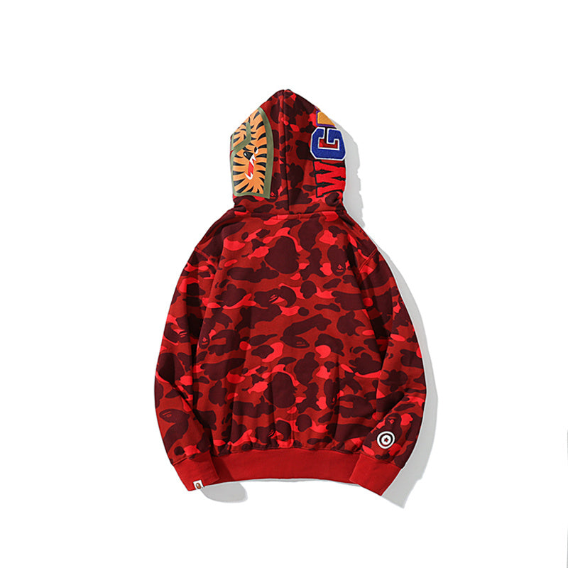 A Bathing Ape BAPE Shark Head Tiger Head Double Cap Camouflage Hoodie Red