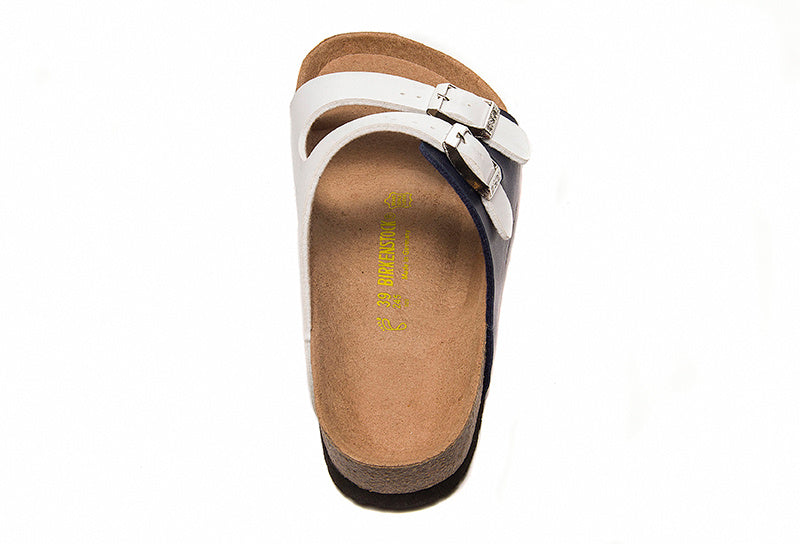 Birkenstock Two-Button White And Black Matte Leather Slippers