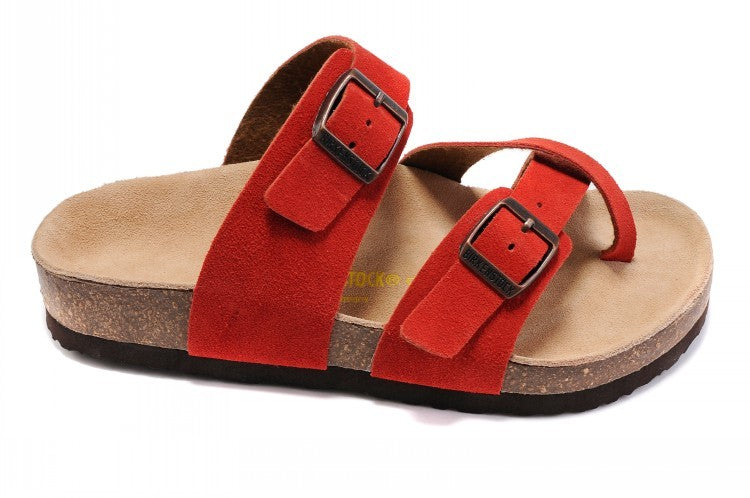 Birkenstock Two-Button Ringfinger Red Scrub Leather Slippers