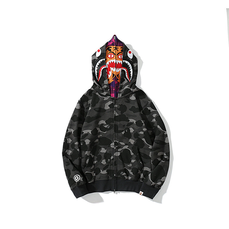 A Bathing Ape BAPE Shark Head Tiger Head Double Cap Camouflage Hoodie Black