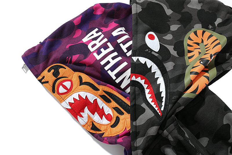 A Bathing Ape BAPE Shark Head Tiger Head Double Cap Camouflage Hoodie Black