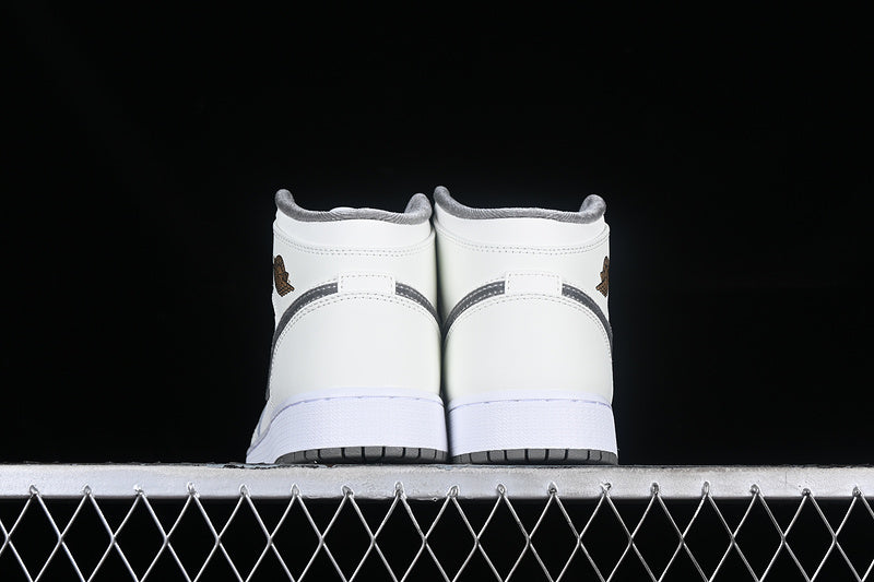 Nike Air Jordan 1 Mid SE GS Metallic Gold Grey White Sneakers