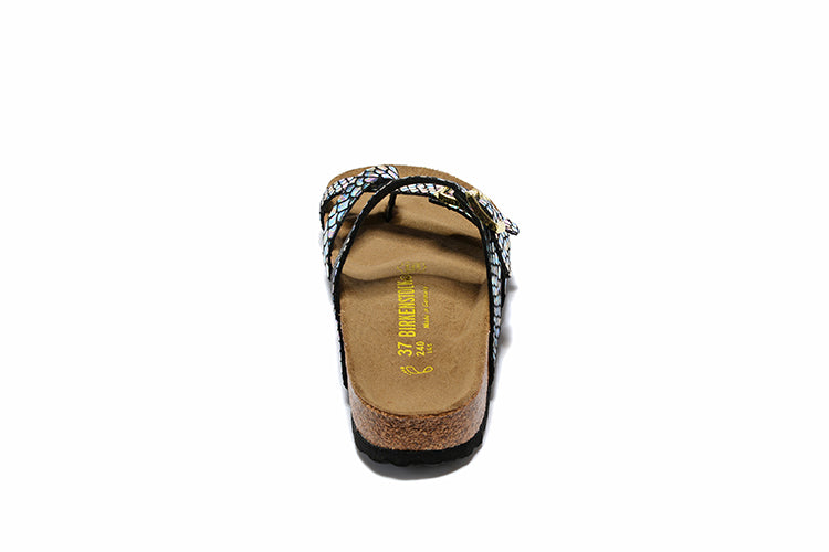 Birkenstock Black Snakeskin Reflective Double Buckle Toe-Loop Leather Sandals