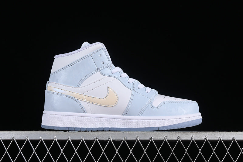 Nike Air Jordan 1 Mid SE GS Glitter Swoosh Ice Blue White Sneakers