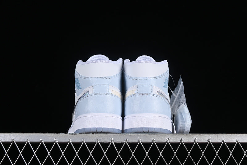 Nike Air Jordan 1 Mid SE GS Glitter Swoosh Ice Blue White Sneakers