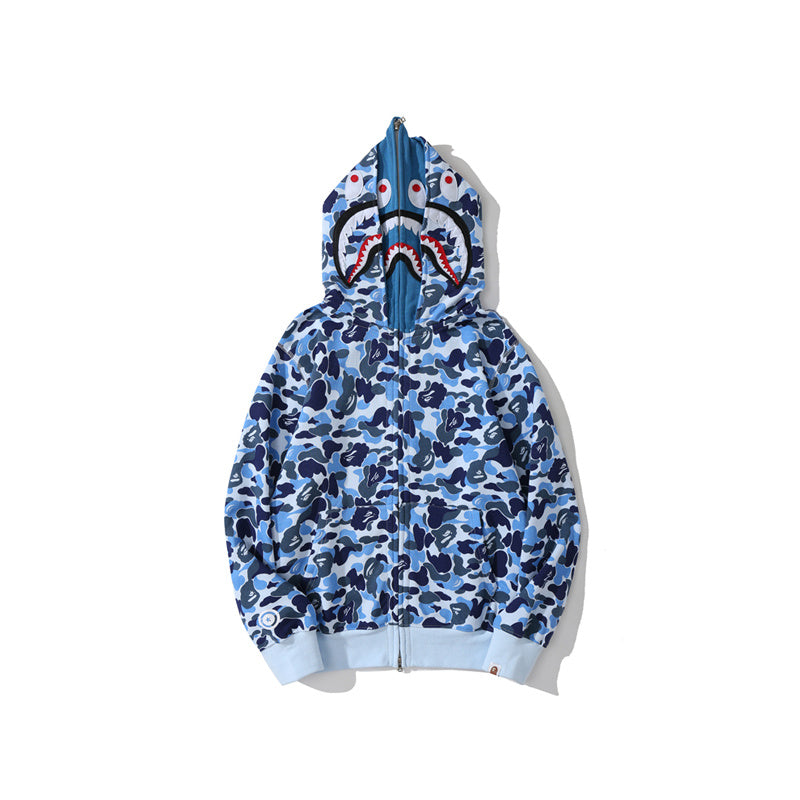 A Bathing Ape BAPE Shark Head Camouflage Double Hoodie Blue