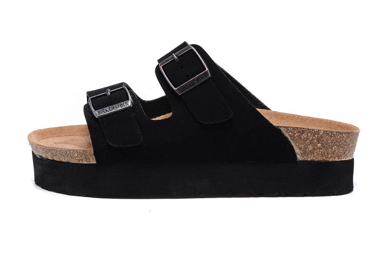 Birkenstock Two-Button Black Suede Leather Thick black Sole Slippers