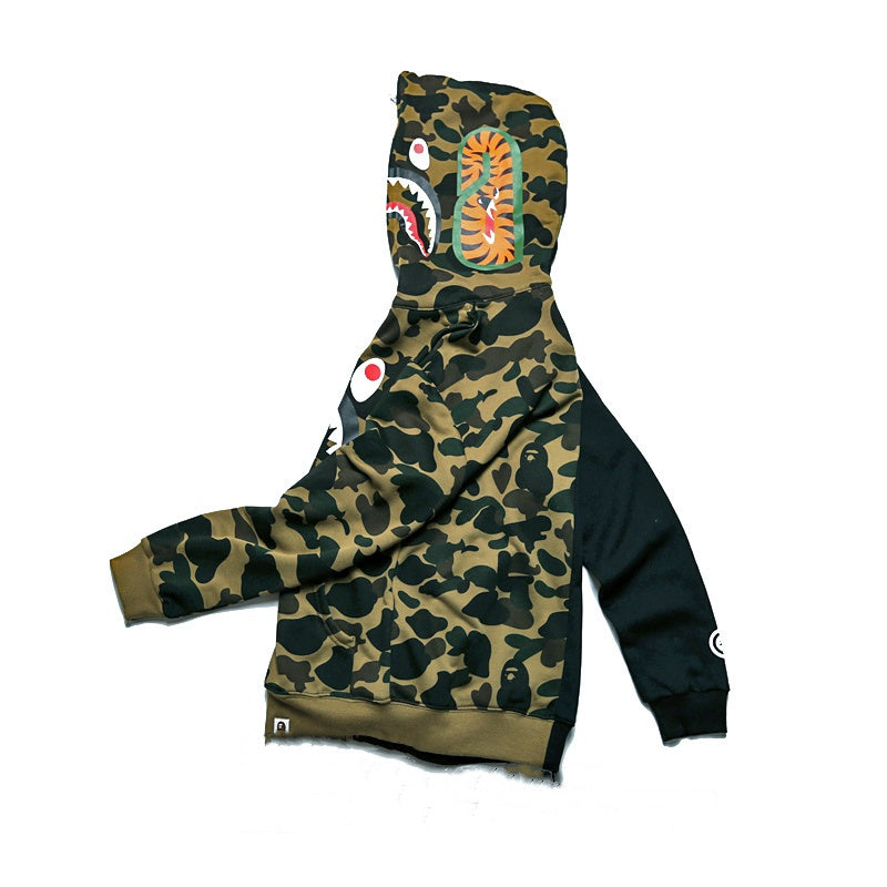 A Bathing Ape BAPE Shark Head Splicing Camouflage Zipper Hoodie Black And Green