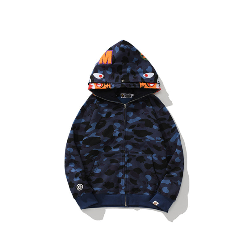 A Bathing Ape BAPE Shark Head Tiger Head Joint Edition Double Hat Camouflage Blue Hoodie