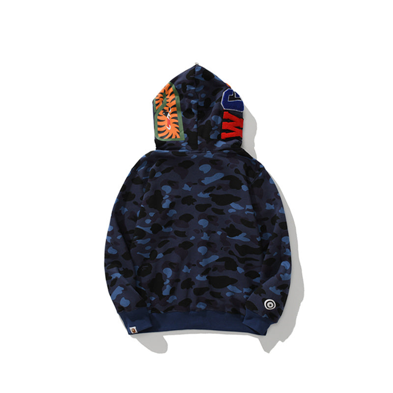 A Bathing Ape BAPE Shark Head Tiger Head Joint Edition Double Hat Camouflage Blue Hoodie