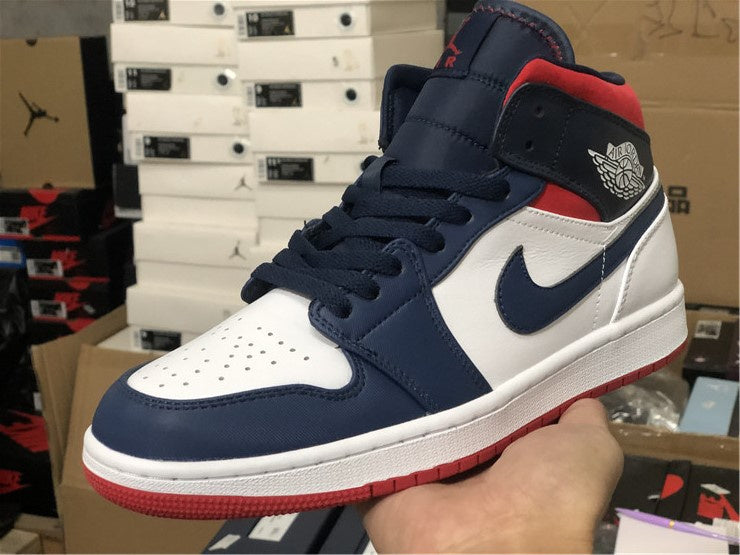 Nike Air Jordan 1 Mid SE USA Olympic White Navy Blue Red Sneakers