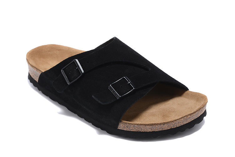 Birkenstock Two Buttons Black Scrub Leather Fashion Slippers