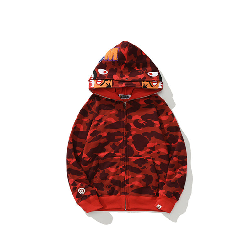 A Bathing Ape BAPE Shark Head Tiger Head Joint Edition Double Hat Camouflage Red Hoodie