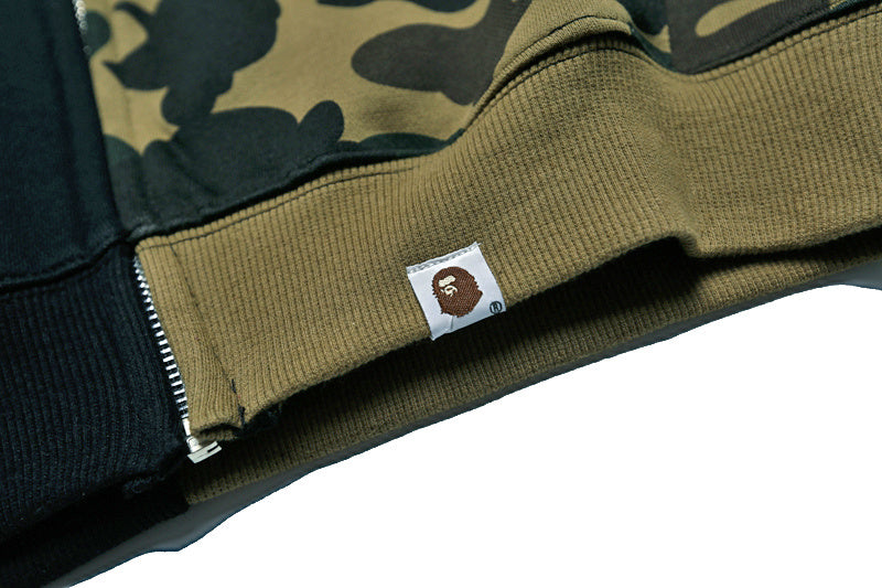 A Bathing Ape BAPE Shark Head Splicing Camouflage Zipper Hoodie Black And Green