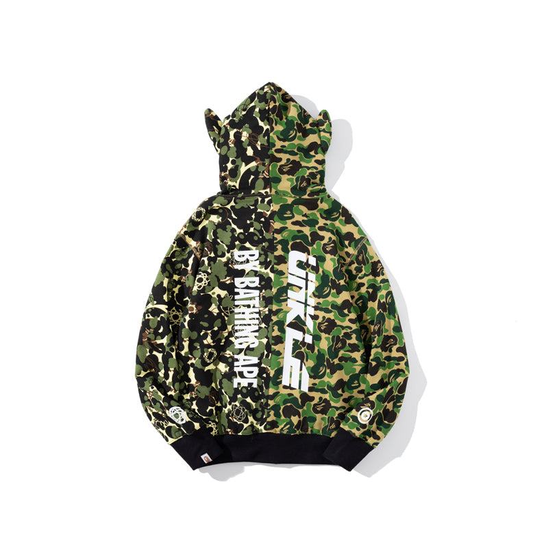 A Bathing Ape BAPE x UNKLE Joint Edition Patchwork Camouflage Green Belt Ear Hoodie