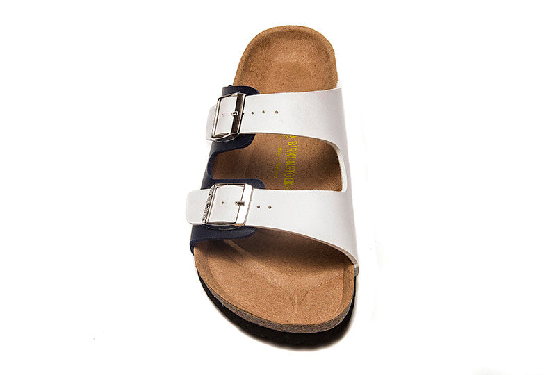 Birkenstock Two-Button White And Black Matte Leather Slippers