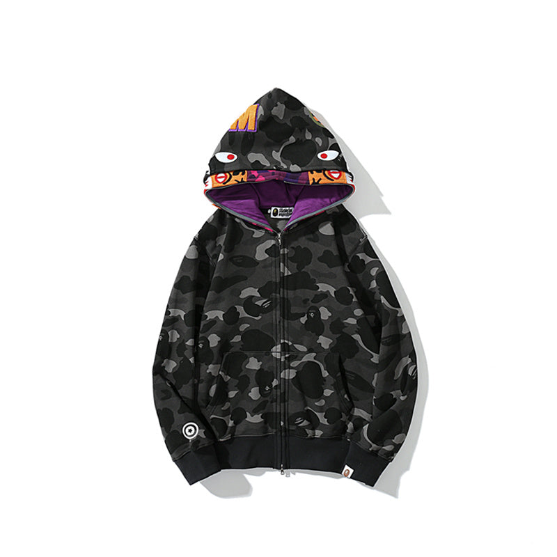 A Bathing Ape BAPE Shark Head Tiger Head Double Cap Camouflage Hoodie Black