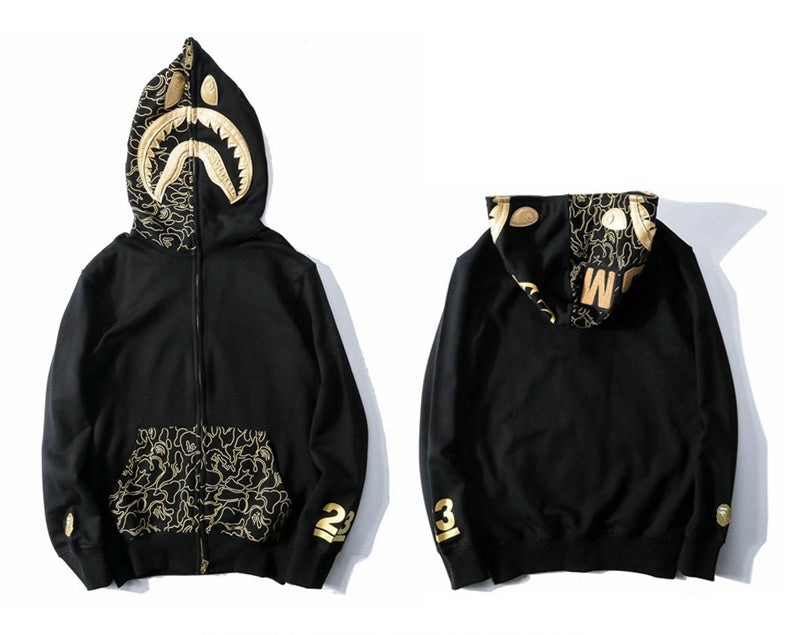 A Bathing Ape BAPE Black Gold Embroidered Shark Head Pocket Printed Hoodie Jacket