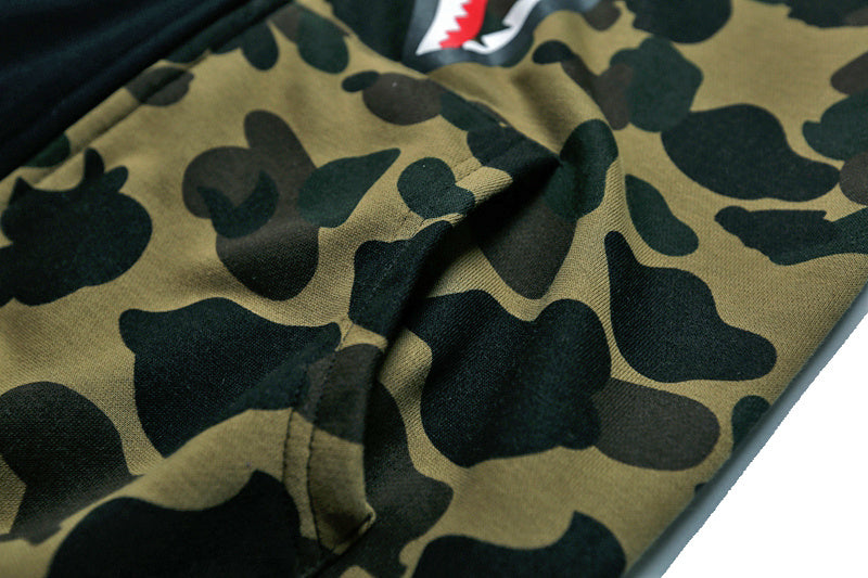 A Bathing Ape BAPE Shark Head Splicing Camouflage Zipper Hoodie Black And Green