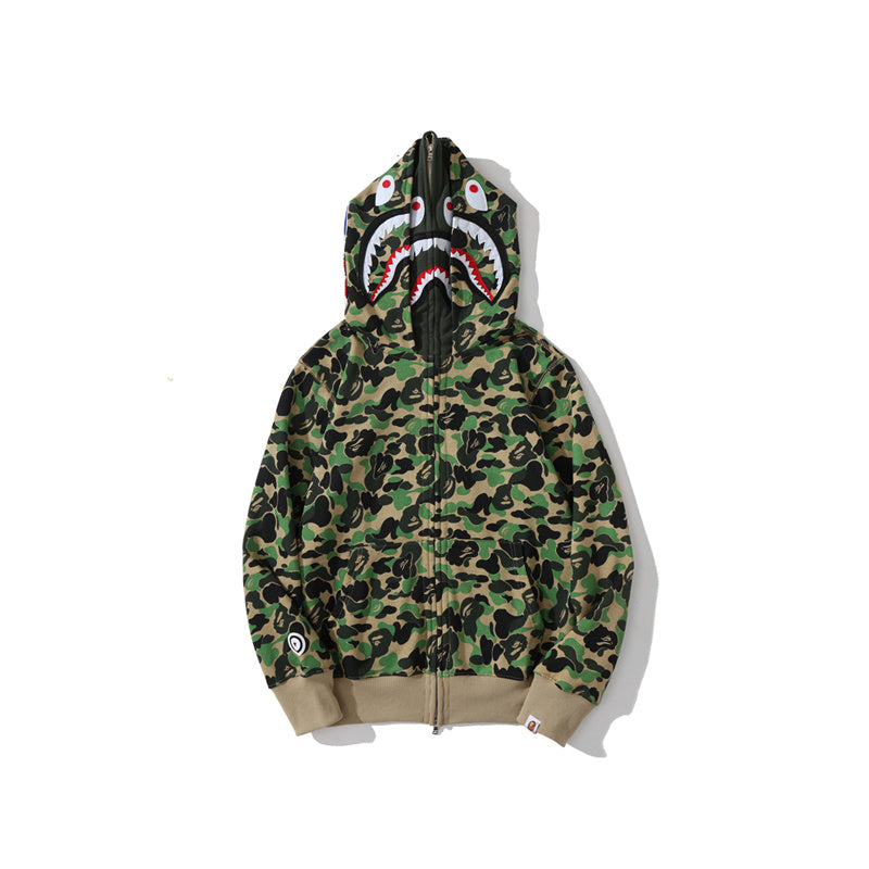 A Bathing Ape BAPE Shark Head Camouflage Double Hoodie Green