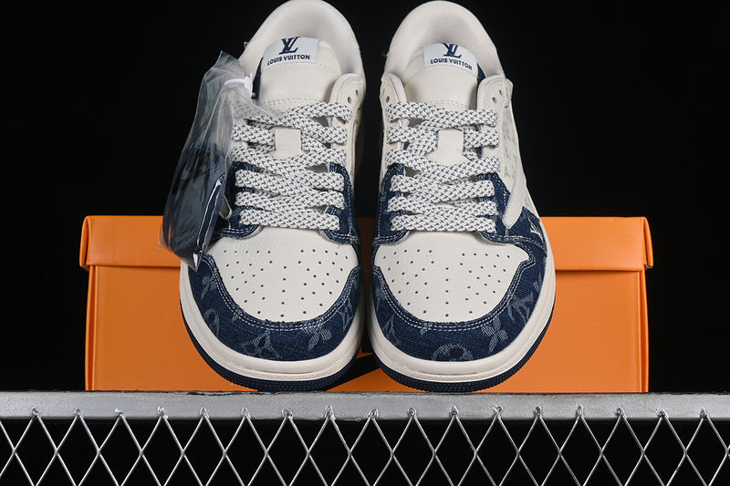 Nike Air Jordan 1 Low Travis Scott Fragment Design OG SP Louis Vuitton White Denim Blue Sneakers