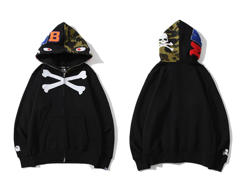 A Bathing Ape BAPE Shark Head Skull Head Joint Edition Camouflage Matching Color Hoodie Black And Green