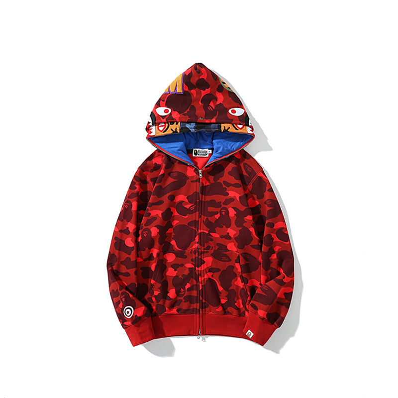 A Bathing Ape BAPE Shark Head Tiger Head Double Cap Camouflage Hoodie Red