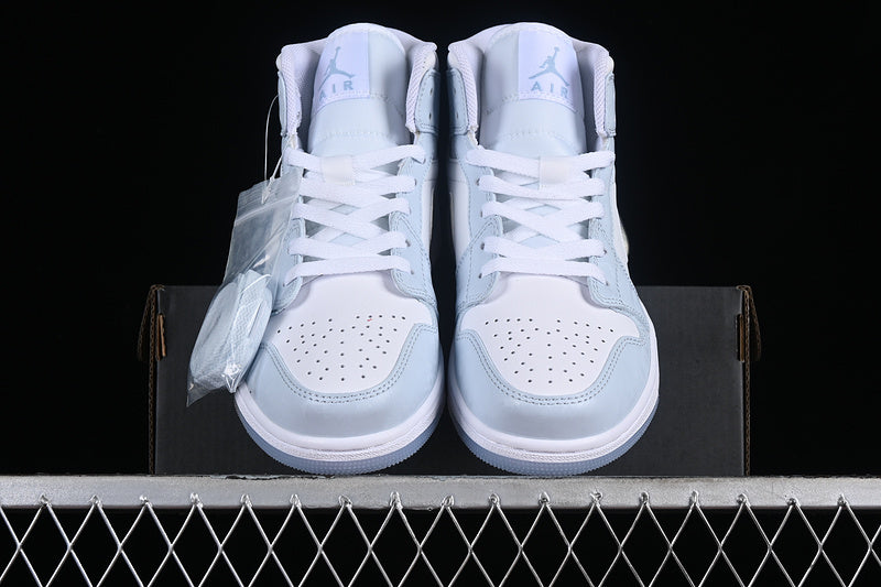 Nike Air Jordan 1 Mid SE GS Glitter Swoosh Ice Blue White Sneakers