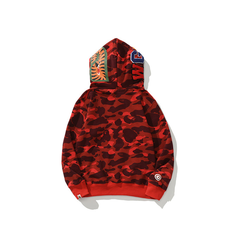 A Bathing Ape BAPE Shark Head Tiger Head Joint Edition Double Hat Camouflage Red Hoodie