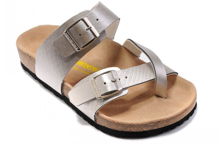 Birkenstock Two-Button Silver Snakeskin Ringfinger Matte Leather Slippers