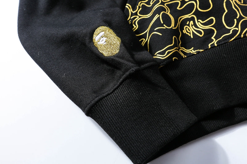 A Bathing Ape BAPE Black Gold Embroidered Shark Head Pocket Printed Hoodie Jacket