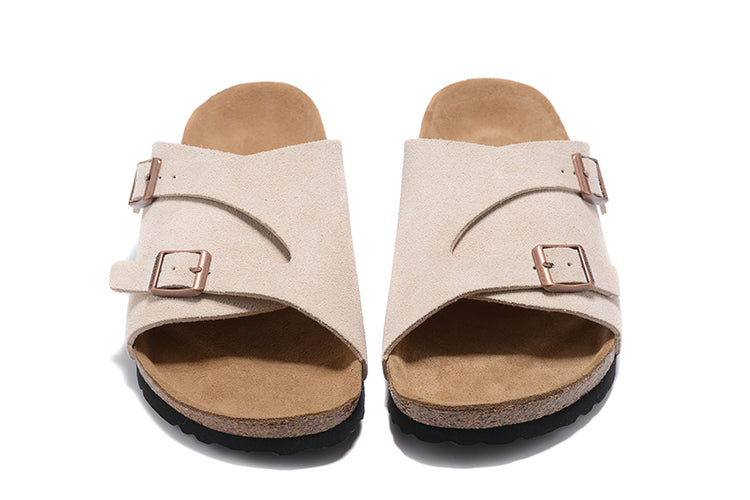 Birkenstock Two Buttons Cream Scrub Leather Fashion Slippers