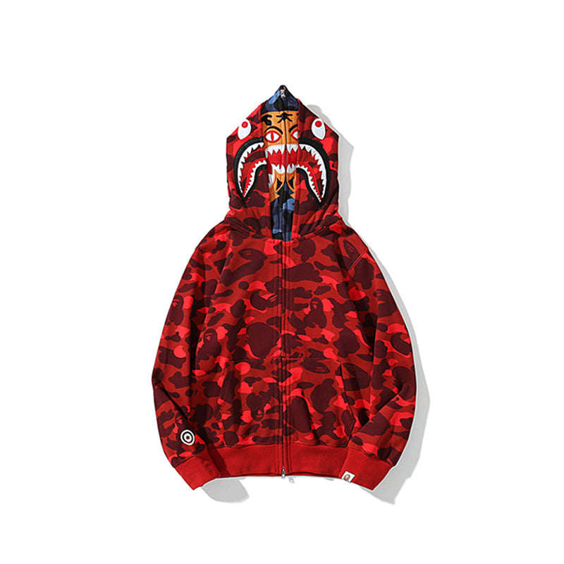 A Bathing Ape BAPE Shark Head Tiger Head Double Cap Camouflage Hoodie Red