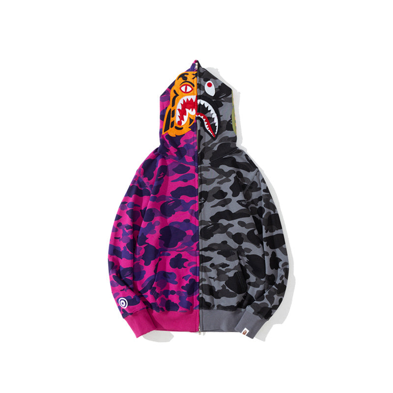 A Bathing Ape BAPE Tiger Head Patchwork Camouflage Hoodie Purple And Gray