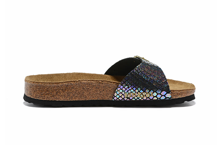 Birkenstock Madrid Black Snakeskin Reflective Single-Snap Leather Sandals
