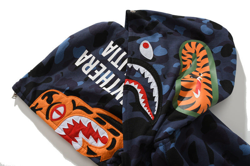 A Bathing Ape BAPE Shark Head Tiger Head Joint Edition Double Hat Camouflage Blue Hoodie