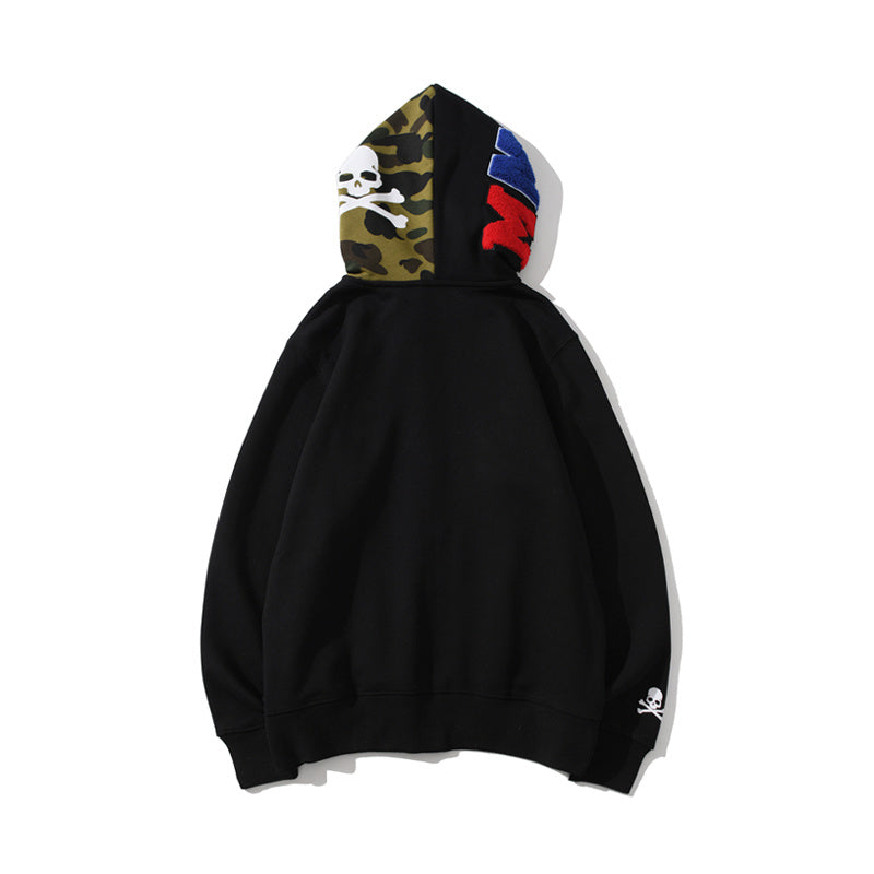 A Bathing Ape BAPE Shark Head Skull Head Joint Edition Camouflage Matching Color Hoodie Black And Green