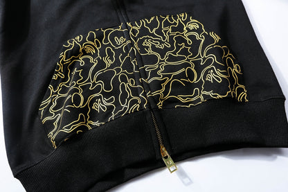 A Bathing Ape BAPE Black Gold Embroidered Shark Head Pocket Printed Hoodie Jacket