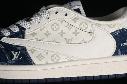 Nike Air Jordan 1 Low Travis Scott Fragment Design OG SP Louis Vuitton White Denim Blue Sneakers