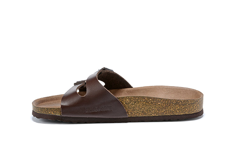 Birkenstock Two Buckle Thin Belt Brown Matte Leather Slippers