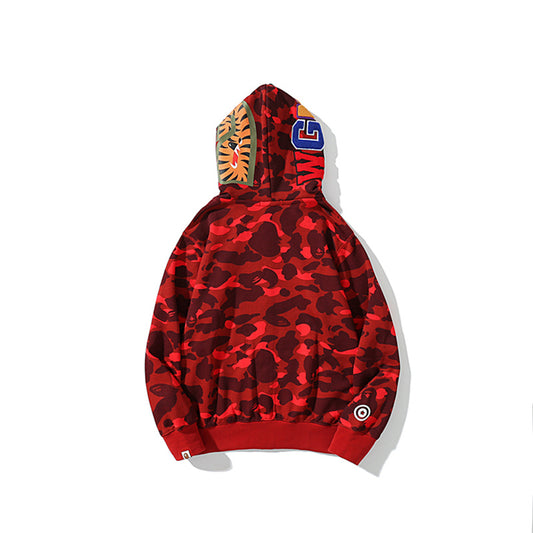A Bathing Ape BAPE Shark Head Tiger Head Double Cap Camouflage Hoodie Red