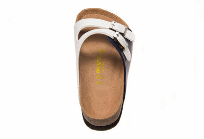 Birkenstock Two-Button White And Black Matte Leather Slippers