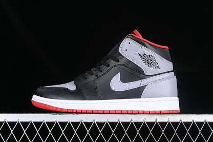 Nike Air Jordan 1 Mid Black Cement Grey Fire Red Sole Sneakers
