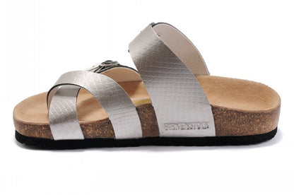 Birkenstock Two-Button Silver Snakeskin Ringfinger Matte Leather Slippers