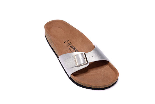 Birkenstock Single Button Silver Matte Leather Slippers