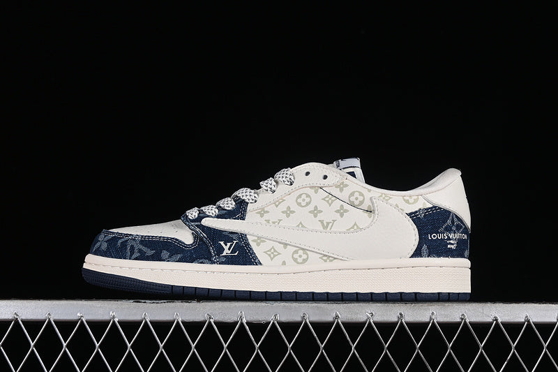 Nike Air Jordan 1 Low Travis Scott Fragment Design OG SP Louis Vuitton White Denim Blue Sneakers