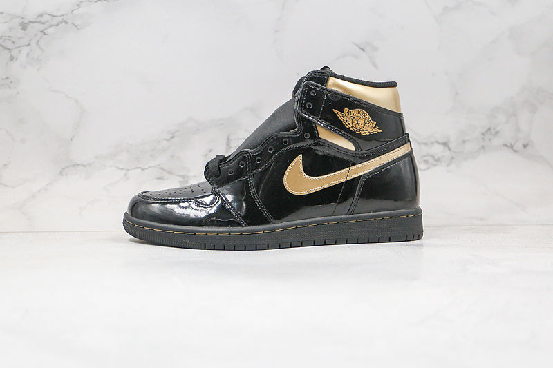 Nike Air Jordan 1 Retro High OG Black Metallic Gold Patent Leather Sneakers