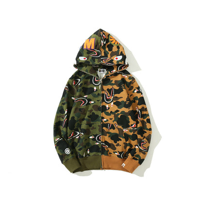 A Bathing Ape BAPE Shape-Shifting Shark Head Camouflage Matching Color Hoodie Green And Yellow